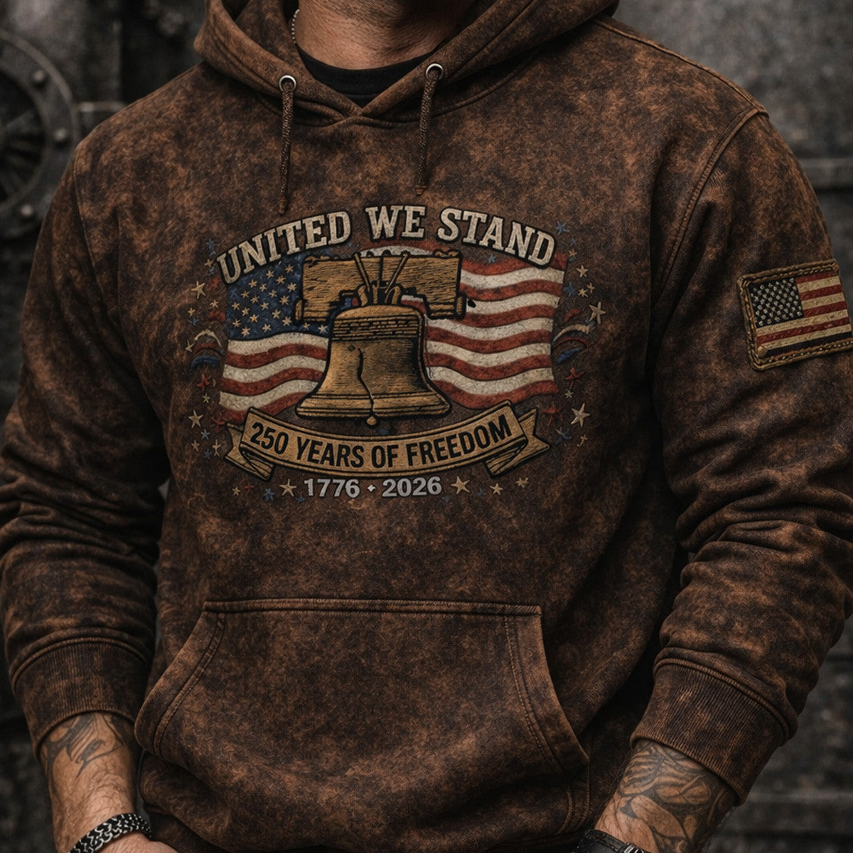 United We Stand 250 Years of Freedom 1776 2026 Printed Hoodie Liberty Bell USA Flag Vintage Style Patriotic Gift for Father Day