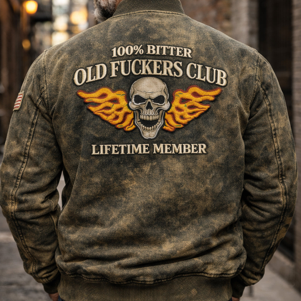 Old Fuckers Club Skull Flame Printed Bomber Jacket Funny Father Day Gift Vintage Biker Jacket for Men Lifetime Member Design
