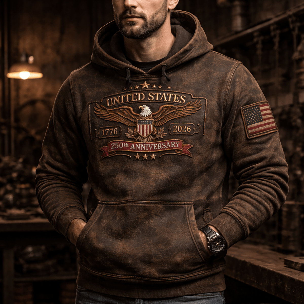 United States Eagle 250th Anniversary 1776 2026 Printed Hoodie Patriotic US Flag Design Father Day Gift American Pride Vintage Style