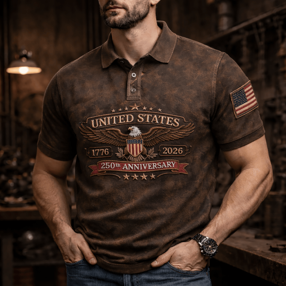 United States Eagle 250th Anniversary 1776 2026 Printed Polo Shirt Patriotic US Flag Design Father Day Gift American Pride Classic Style