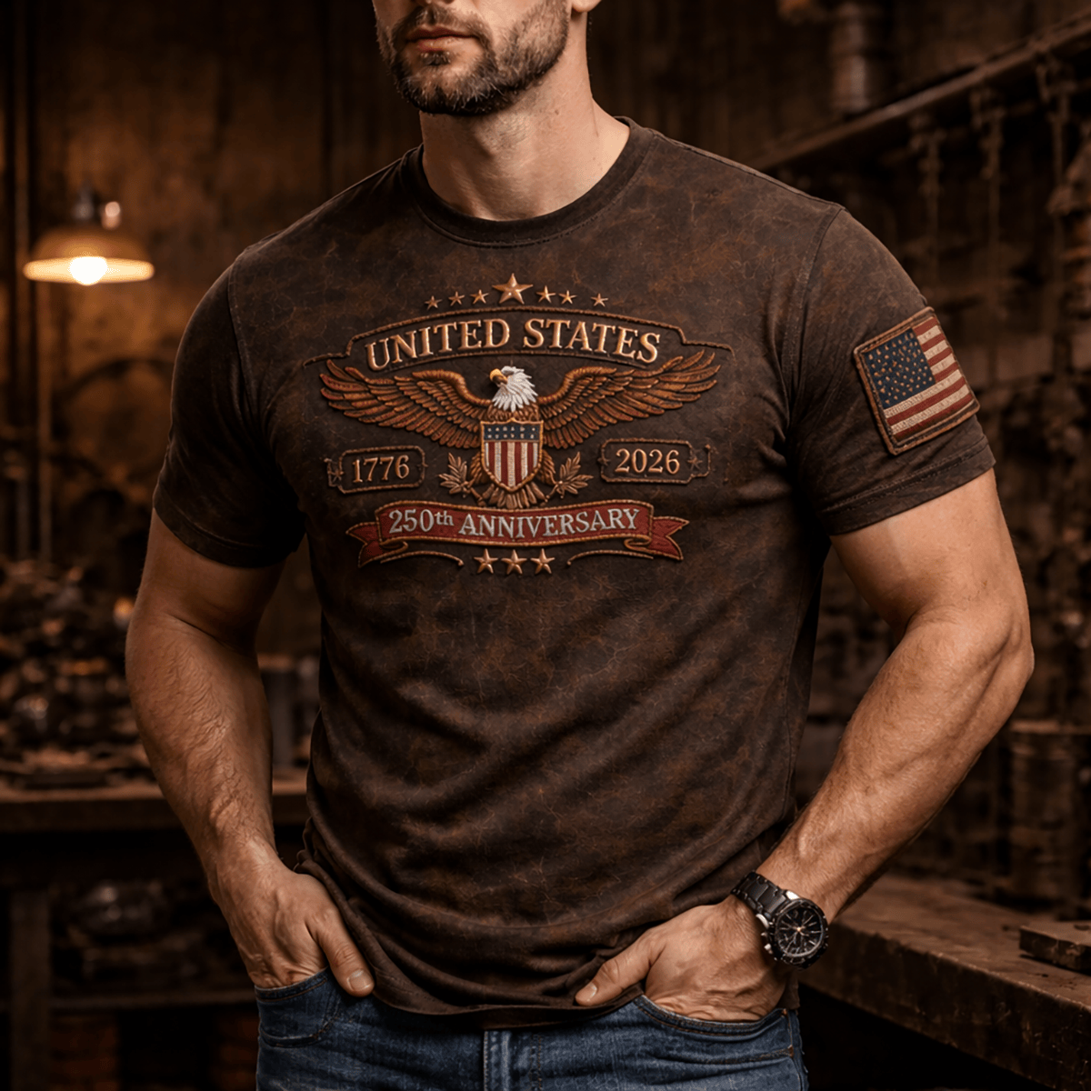 United States Eagle 250th Anniversary 1776 2026 Printed T Shirt Patriotic US Flag Design Father Day Gift American Pride Vintage Style
