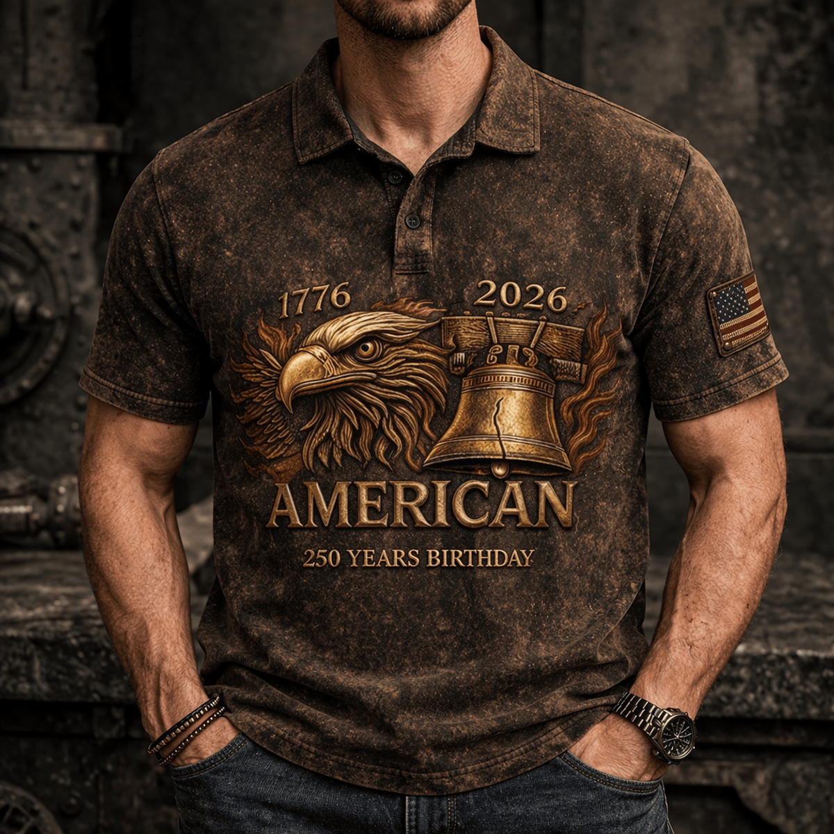 American Eagle Liberty Bell 1776 2026 250 Years Birthday Printed Polo Shirt Patriotic Flag Design Father Day Gift For Dad Vintage USA Style