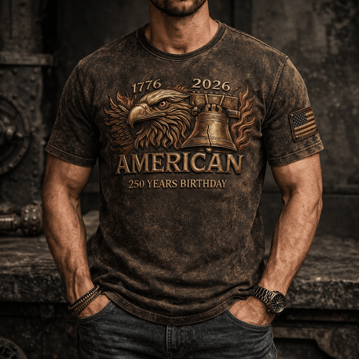 American Eagle Liberty Bell 1776 2026 250 Years Birthday Printed T Shirt Patriotic Flag Design Father Day Gift For Dad Vintage USA Style