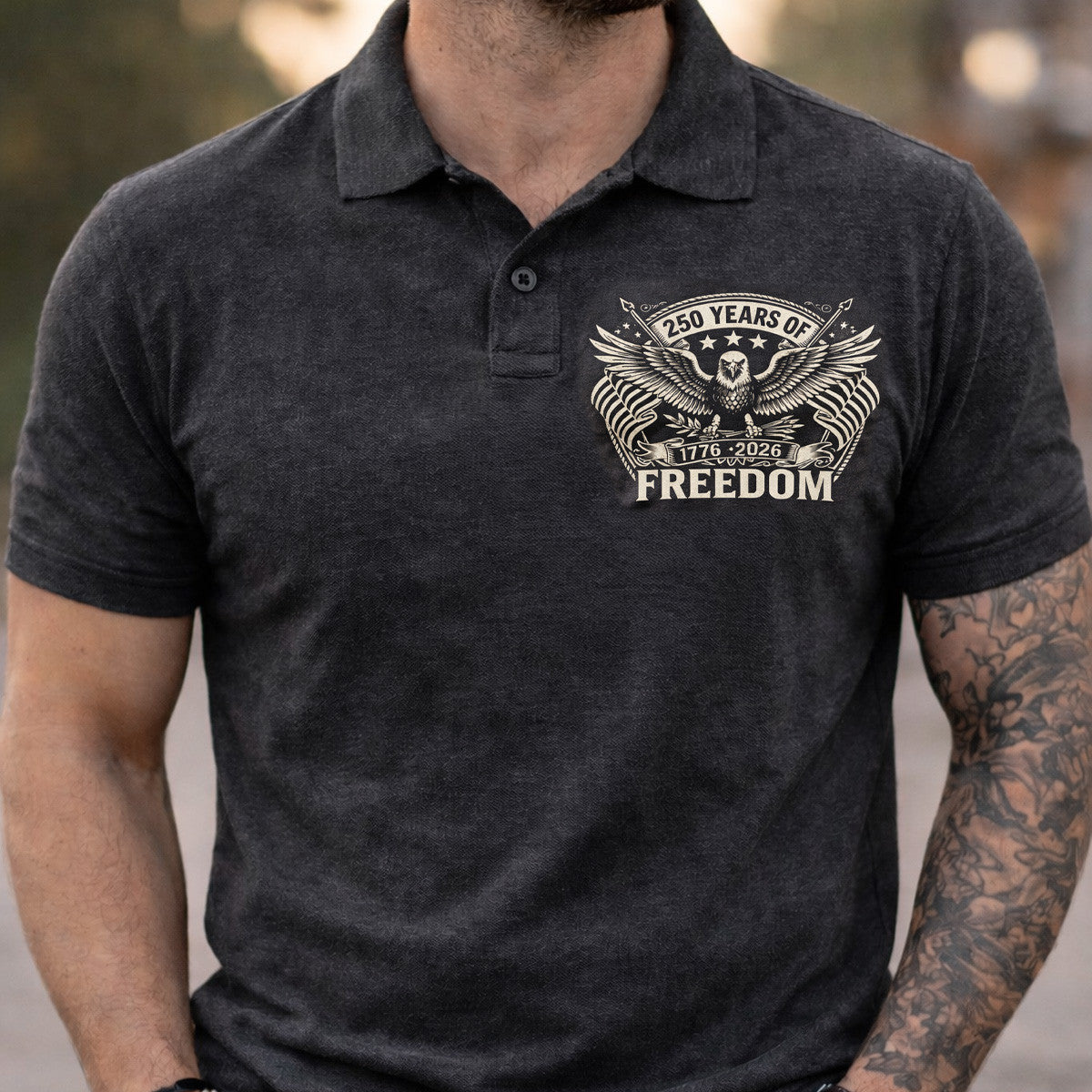 250 Years Of Freedom 1776 2026 Eagle Flag Printed Polo Shirt Father Day Gift Patriotic USA Independence Anniversary Polo For Dad