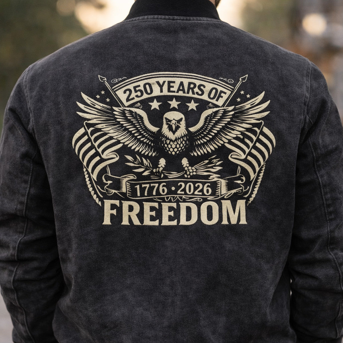 250 Years Of Freedom 1776 2026 Eagle Flag Printed Bomber Jacket Father Day Gift Patriotic USA Independence Anniversary