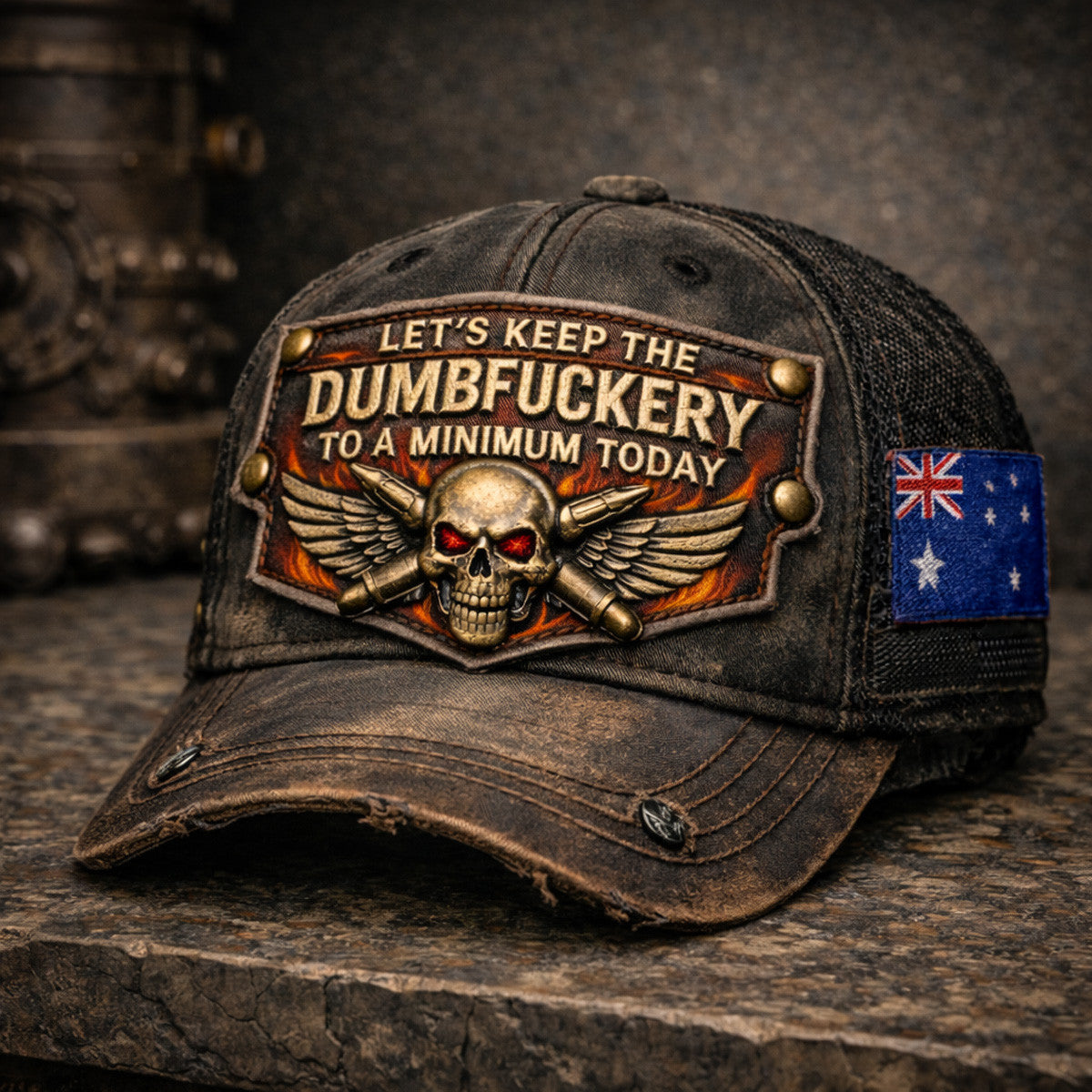 Lets Keep The Dumbfuckery To A Minimum Today Skull Wings Bullet Printed Cap Father Day Gift Funny Biker Style Hat For Australia Flag