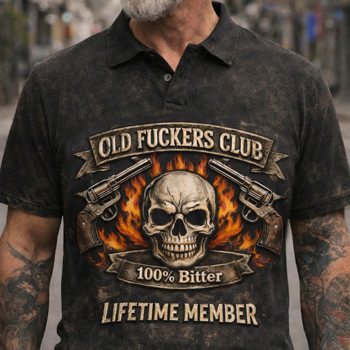 Old Fucker Club Skull Fire Revolver Bitter Lifetime Member Printed Polo Shirt Vintage Style Gift For Dad Father Day