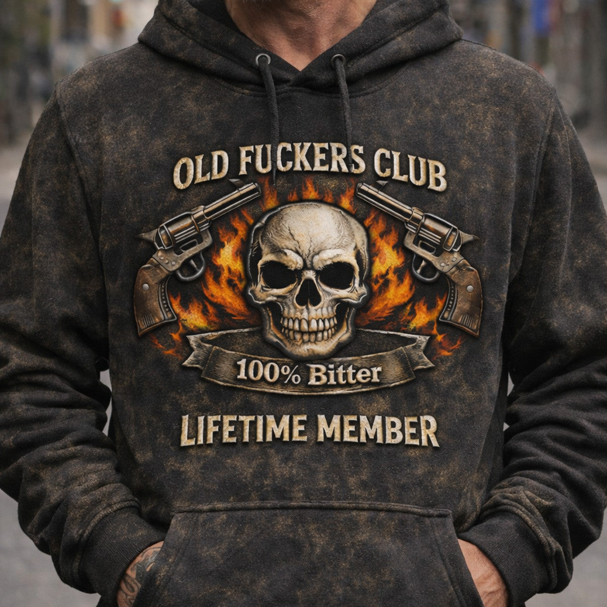 Old Fucker Club Skull Fire Revolver Bitter Lifetime Member Printed Hoodie Vintage Biker Style Gift For Dad Father Day