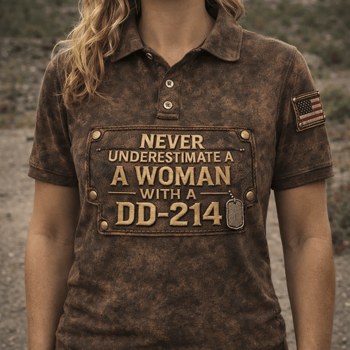 Never Underestimate A Woman With A DD214 Printed Polo Shirt Mother Day Patriotic Veteran Design USA Flag Vintage Style Apparel