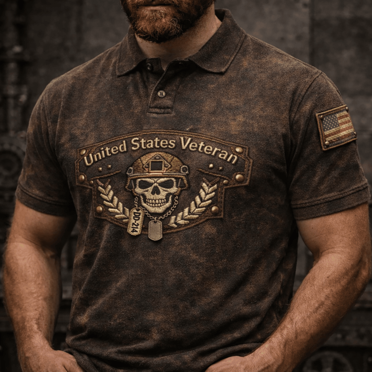 United States Veteran Skull DD214 Printed Polo Shirt Father Day Patriotic Military Design USA Flag Vintage Style Apparel