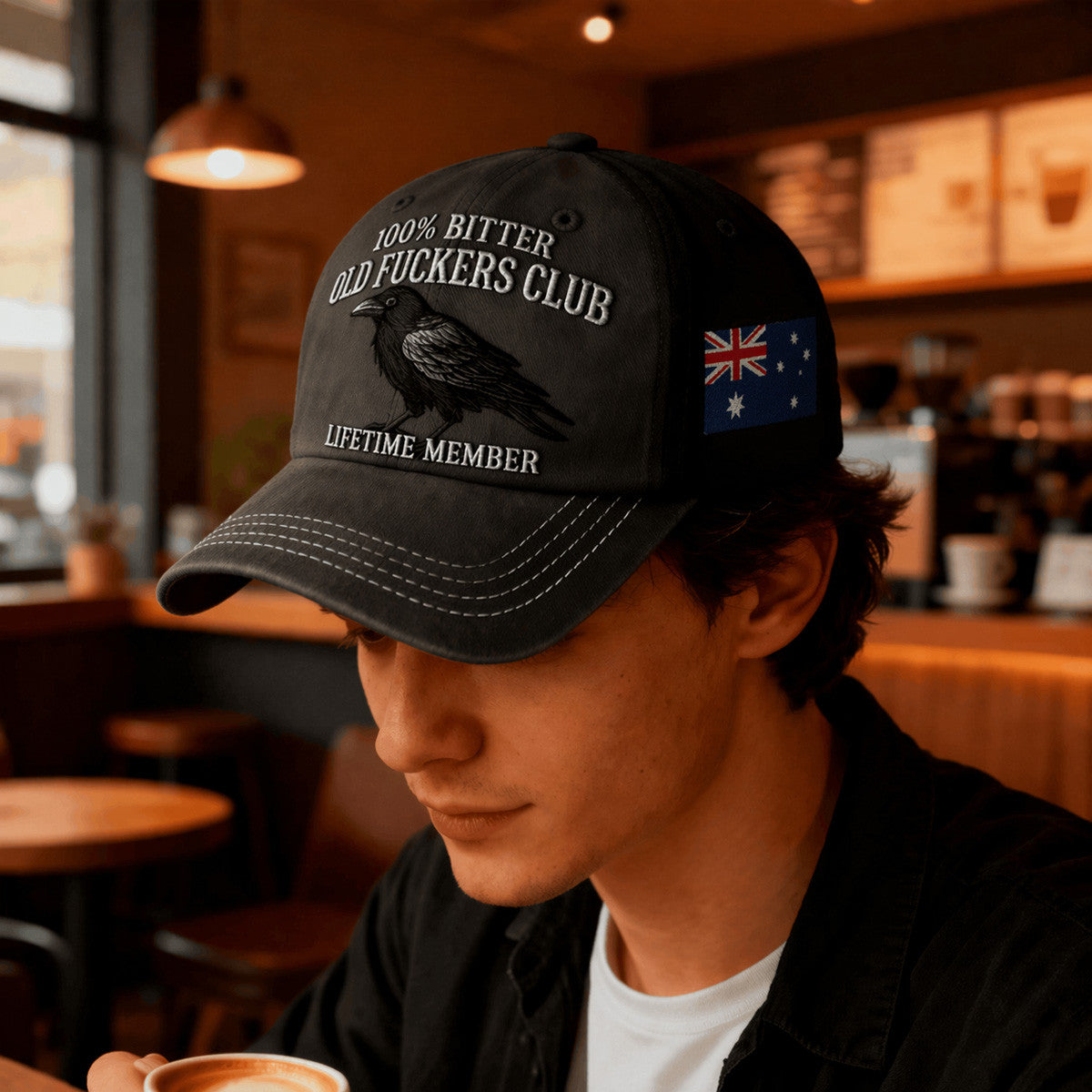 Old Fuckers Club Raven Printed Hat Father Day Funny Quote Dark Humor Australia Flag Vintage Style Raven Design