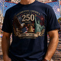 U.S 250th Anniversary 1776 2026 Printed T Shirt Father Day Celebrating America Eagle Liberty Bell Statue Fireworks Design