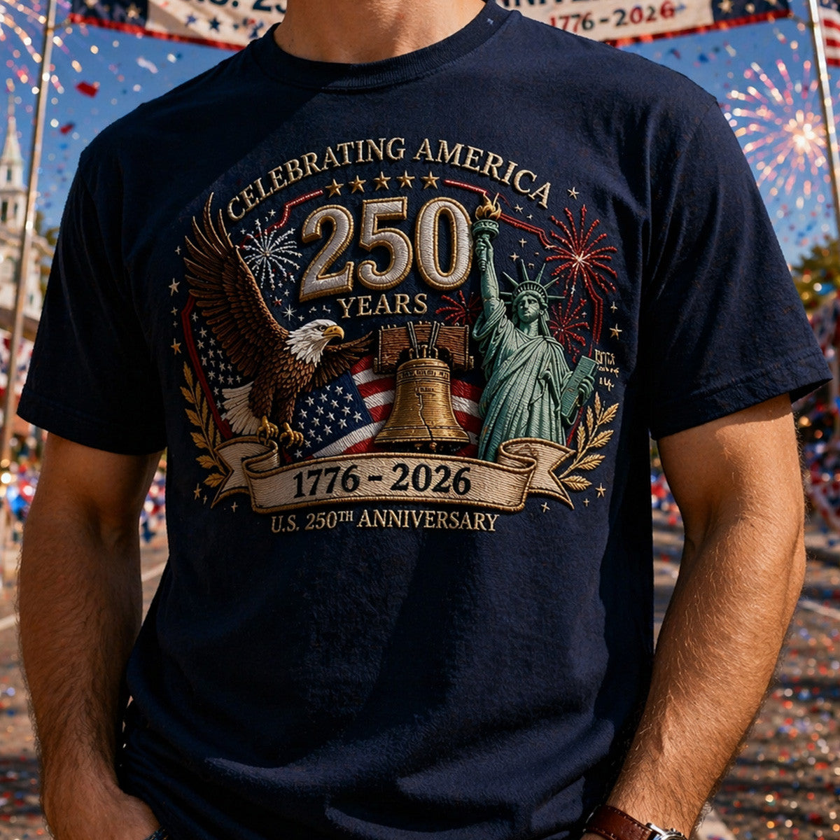U.S 250th Anniversary 1776 2026 Printed T Shirt Father Day Celebrating America Eagle Liberty Bell Statue Fireworks Design