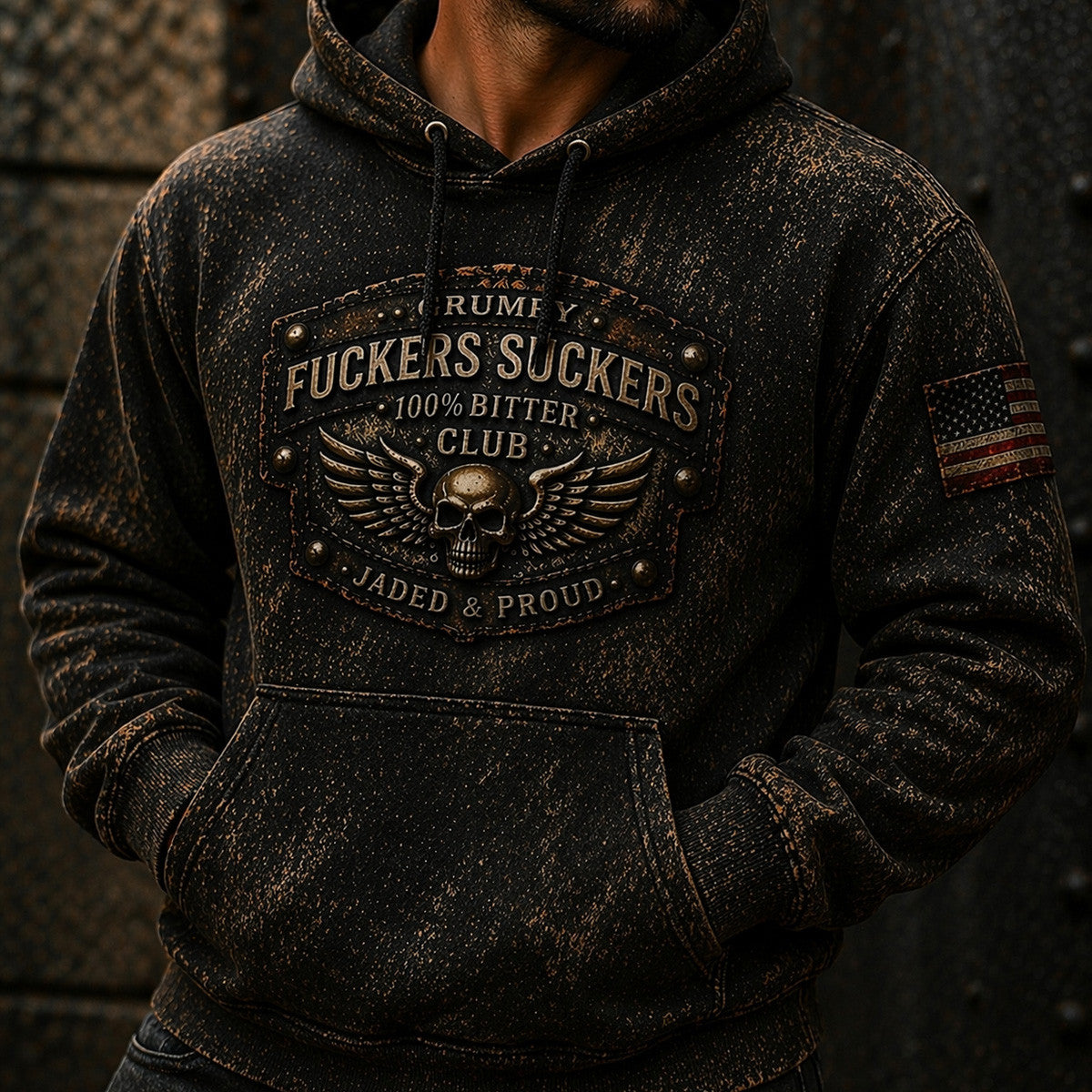 Grumpy Fuckers Suckers Club Printed Hoodie Father Day Skull Wings Biker American Flag Vintage Jaded And Proud Design