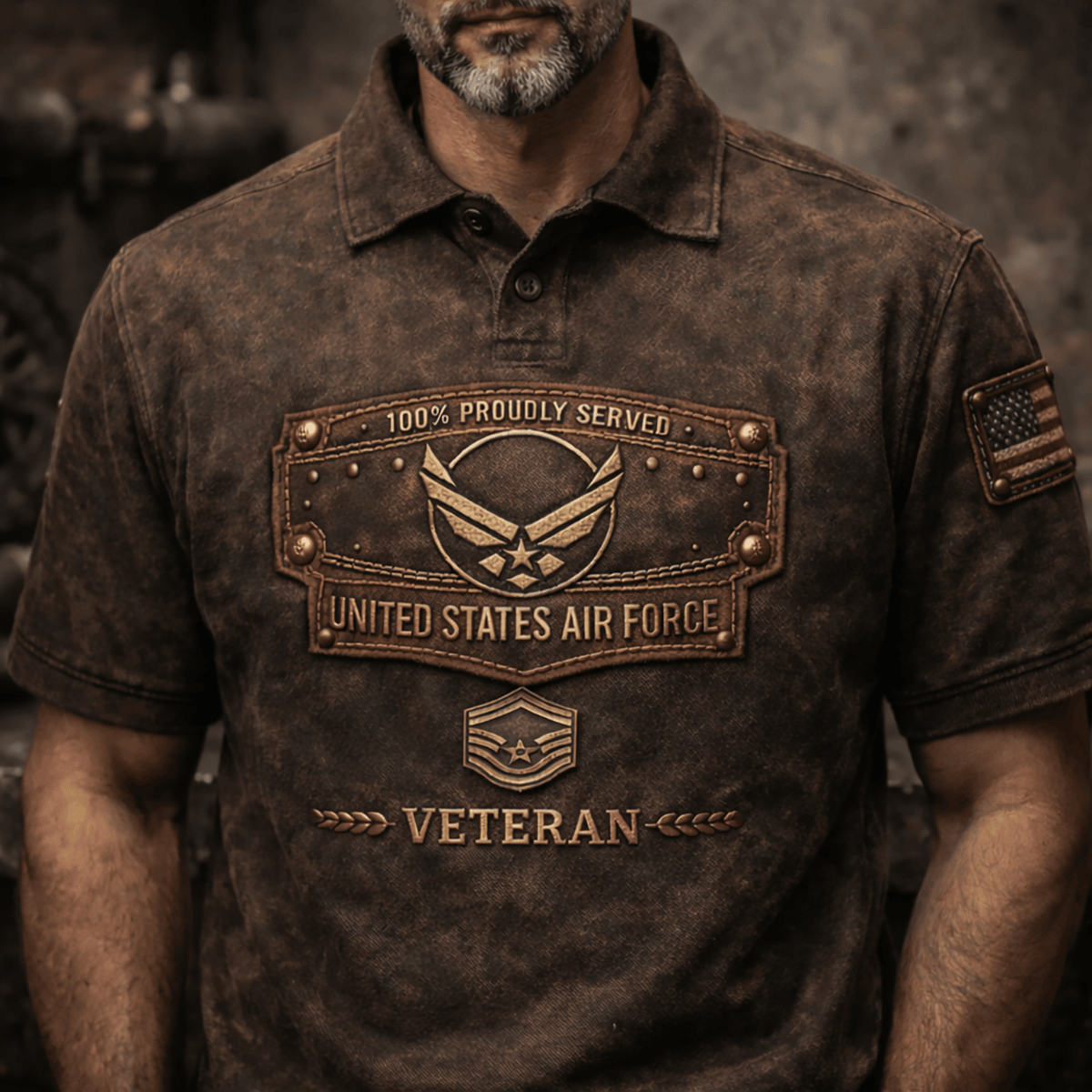United States Air Force Veteran Printed Polo Shirt Patriotic Badge Design USA Flag Apparel Father Day Gift For Dad Military Style