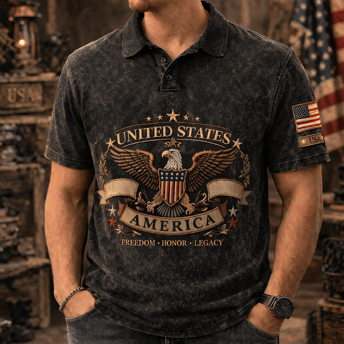 United States America Eagle Printed Polo Shirt Freedom Honor Legacy USA Flag Design Father Day Gift For Dad Patriotic Style
