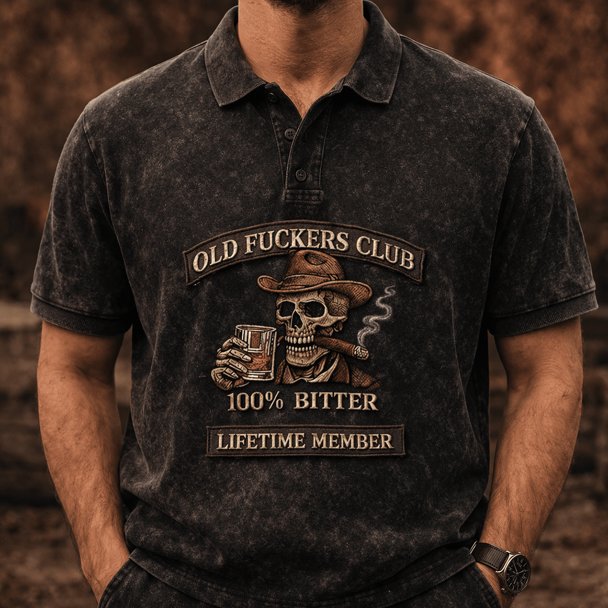 Old Fucker Skull Cowboy Printed Polo Shirt Whiskey Cigar Graphic Lifetime Member Design Funny Father Day Gift For Dad Vintage Style