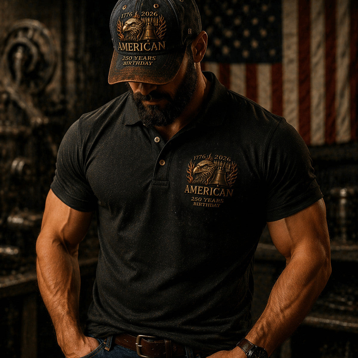 American 250 Years Birthday Eagle Liberty Bell 1776 2026 Printed Polo Shirt Patriotic USA Flag Design Father Day Gift For Dad