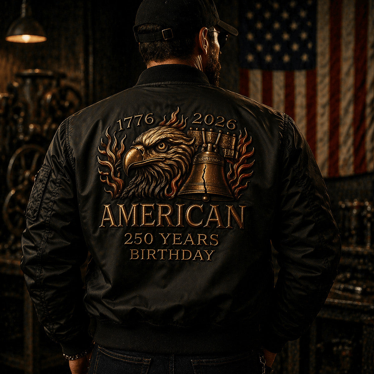American 250 Years Birthday Eagle Liberty Bell 1776 2026 Printed Bomber Jacket Patriotic USA Flag Design Father Day Gift For Dad