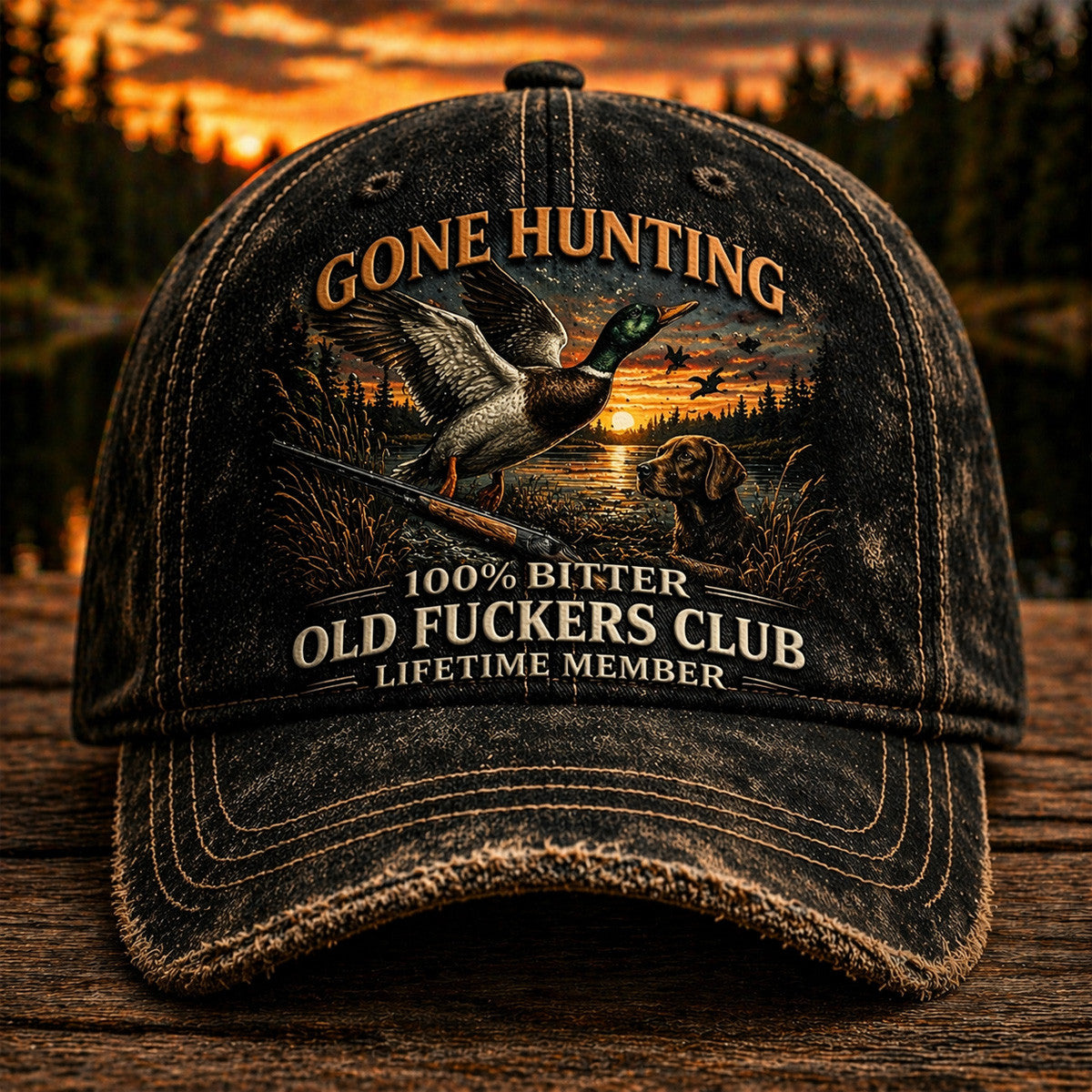 Gone Hunting Old Fuckers Club Lifetime Member Printed Cap Duck Hunting Dog Lake Scene Father Day Gift Hunting Hat