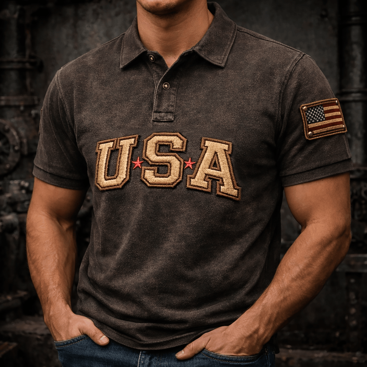USA Printed Polo Design USA Flag Star Father's Day Gift Vintage Graphic Print Polo Shirt Retro Mens Polo