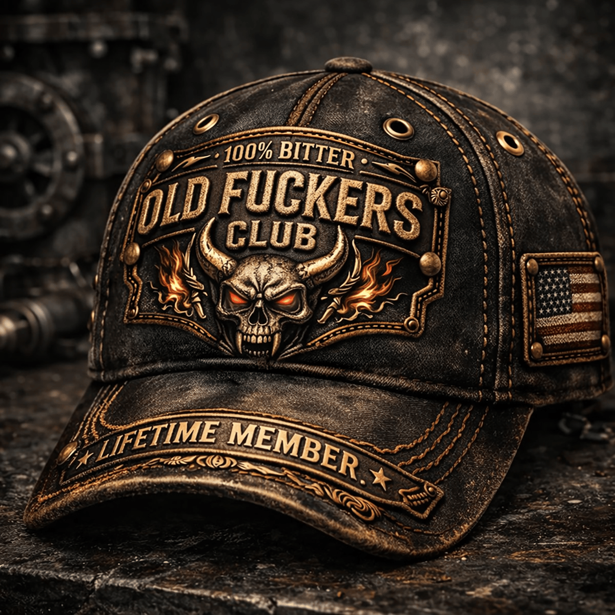 Old Fuckers Club Printed Hat Horned Skull Design Father's Day Gift Funny Biker Skull Hat Mens Baseball Cap Printed
