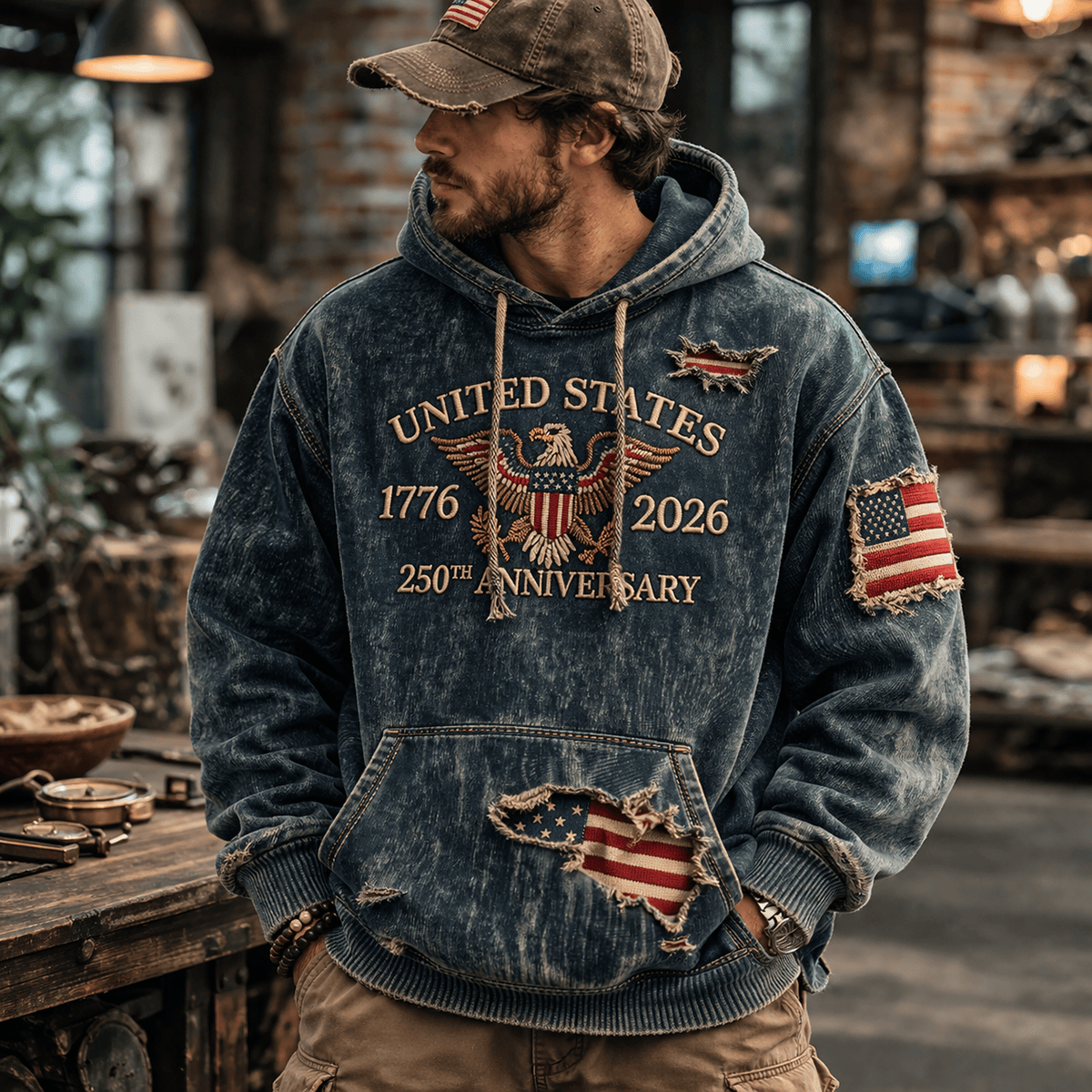 United States 1776 2026 250th Anniversary Eagle American Flag Printed Hoodie Vintage USA Patriotic Design Gift For Father Day