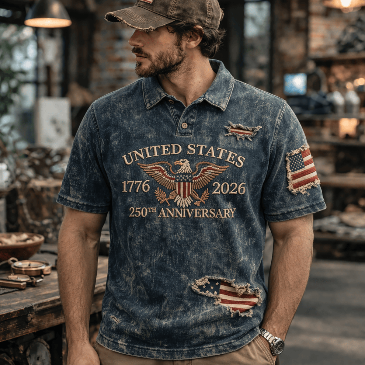 United States 1776 2026 250th Anniversary Eagle American Flag Printed Polo Shirt Vintage USA Patriotic Design Gift For Father Day
