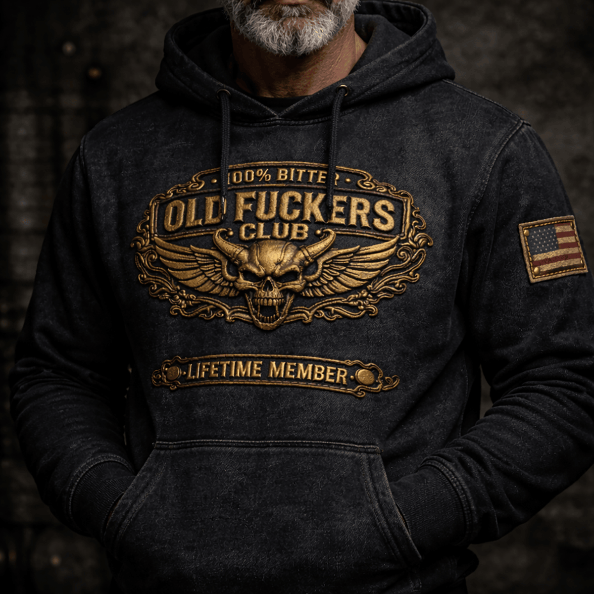 Old Fucker Club Skull Wing Printed Hoodie Funny Biker Style USA Flag Design Gift For Father Day Vintage Hoodie For Men