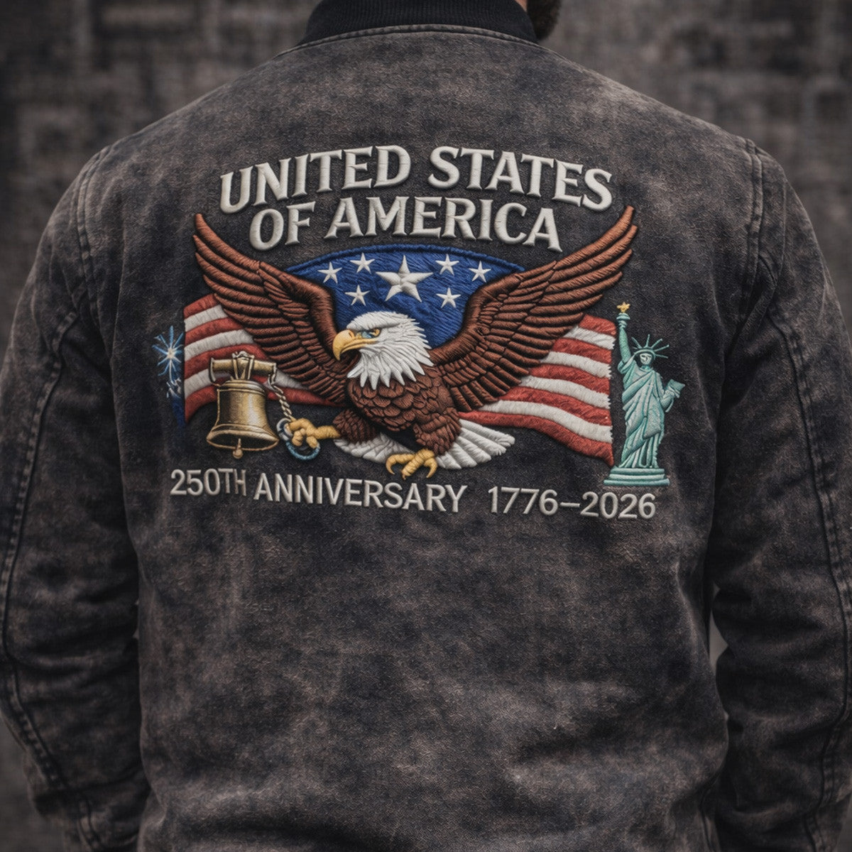 United States Of America Eagle Flag Bell Statue Printed Bomber Jacket 250th Anniversary 1776 2026 Vintage Style Gift For Father Day