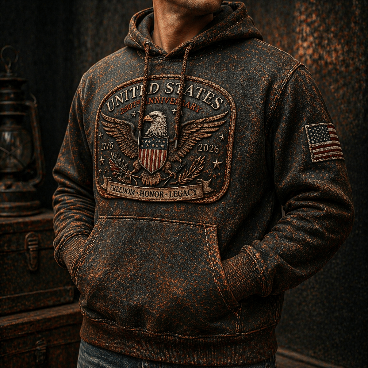 United States 250th Anniversary 1776–2026 Eagle Flag Printed Hoodie Father Day Gift for Dad USA Freedom Honor Legacy Design