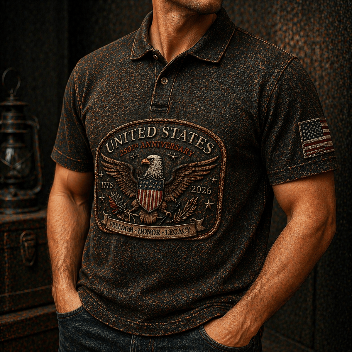 United States 250th Anniversary 1776–2026 Eagle Flag Printed Polo Shirt Father Day Gift for Dad USA Freedom Honor Legacy