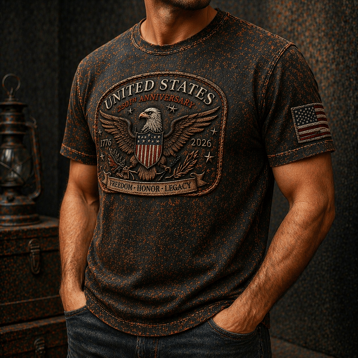 United States 250th Anniversary 1776–2026 Eagle Flag Printed T Shirt Father Day Gift for Dad USA Freedom Honor Legacy