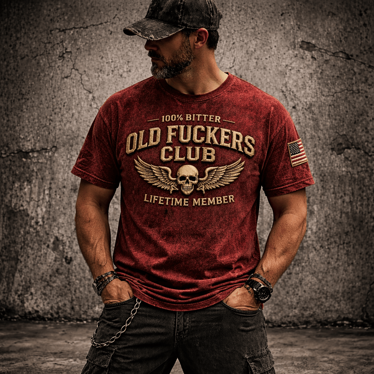 Old Fucker Club Lifetime Member Skull Wings USA Flag Printed T Shirt Father Day Gift for Dad Vintage Biker Style Tee