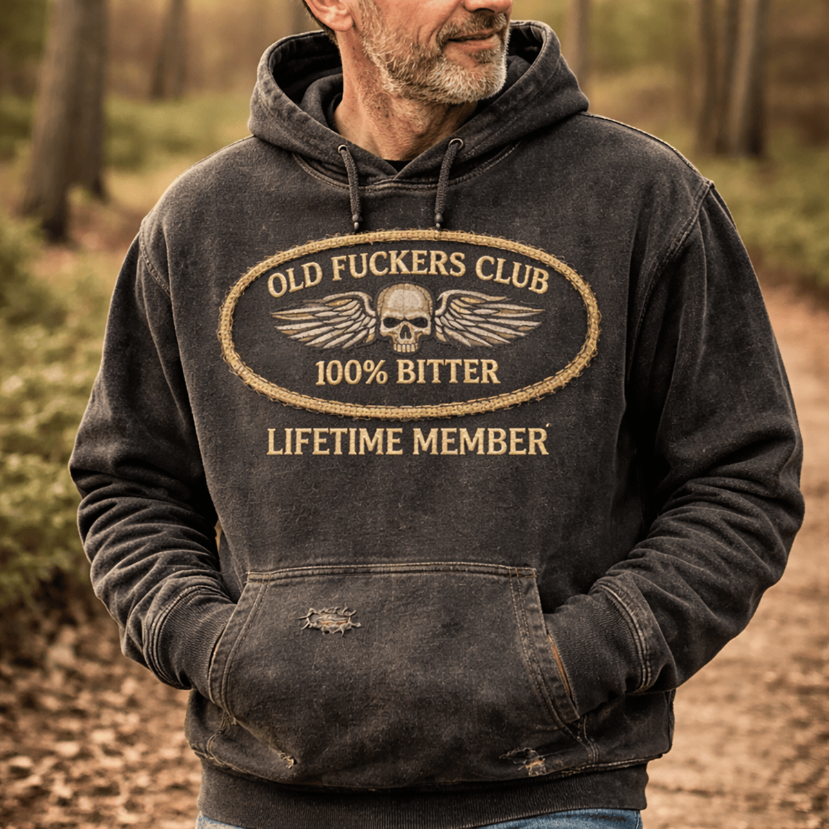 Old Fucker Club Skull Wings Badge Lifetime Member Printed Hoodie Father Day Gift for Dad Vintage Biker Style Graphic Design