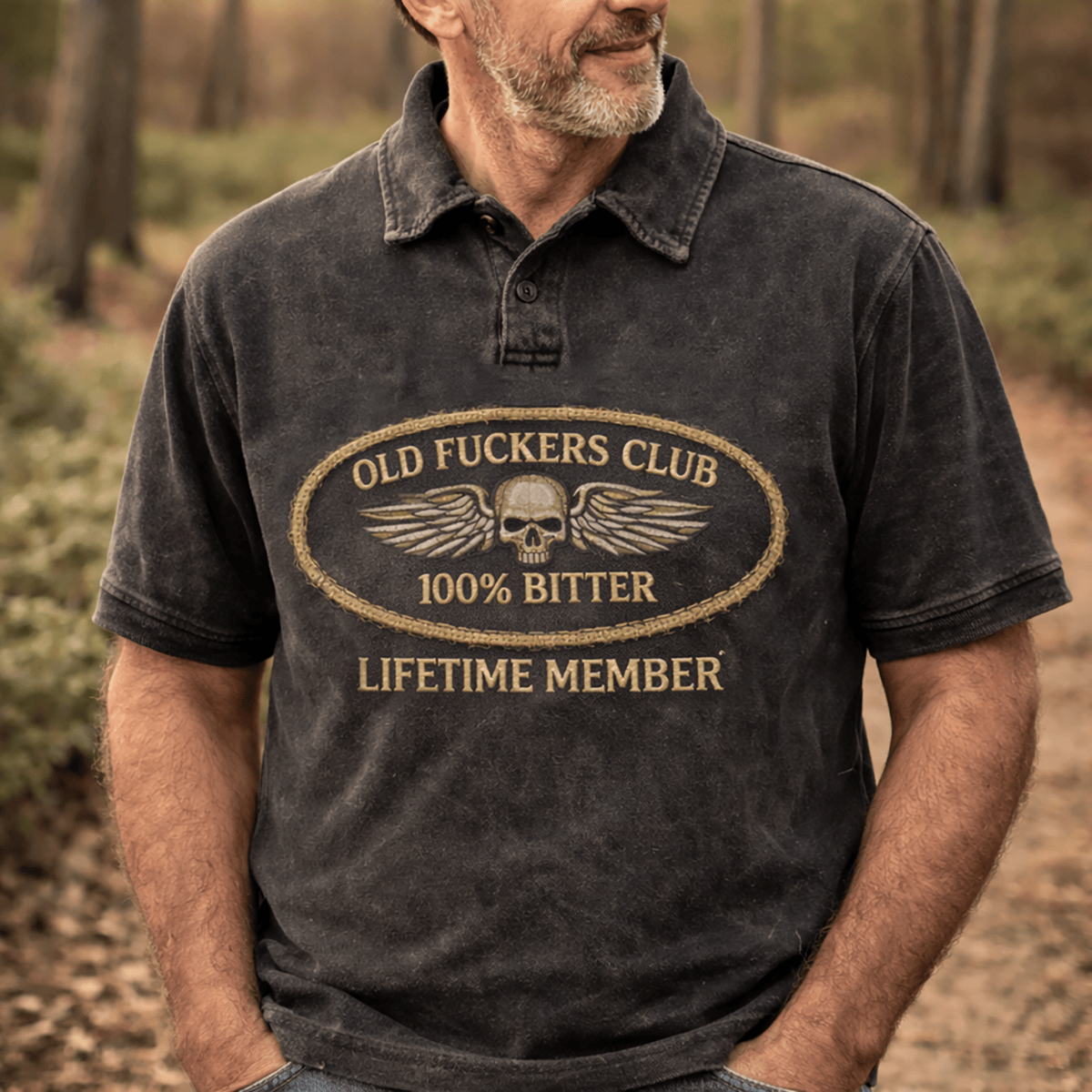Old Fucker Club Skull Wings Badge Lifetime Member Printed Polo Shirt Father Day Gift for Dad Vintage Biker Style