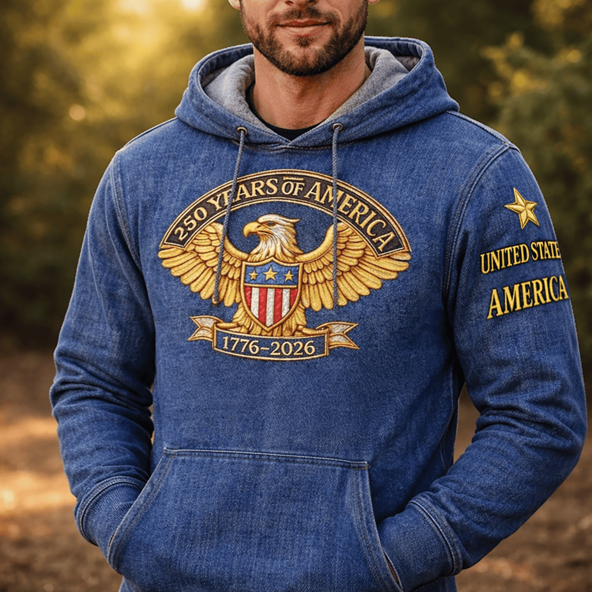 250 Years Of America Eagle Printed Hoodie 1776–2026 USA Flag Shield Star Sleeve Patriotic Father Day Gift American Eagle Hoodie