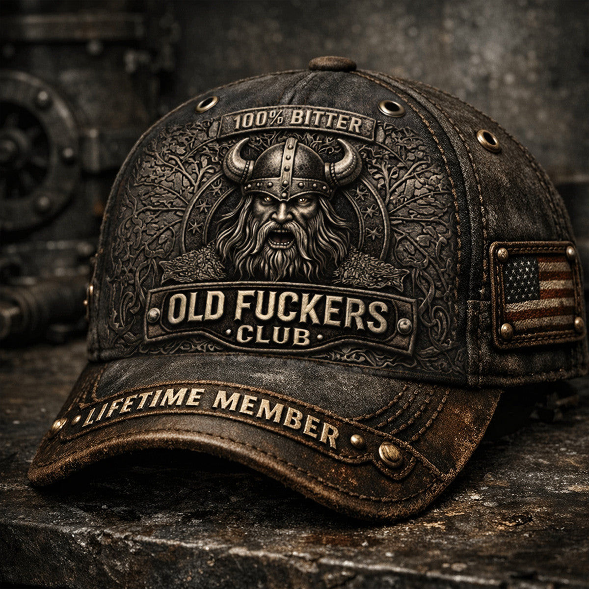 Old Fuckers Club Lifetime Member Viking Warrior Helmet Printed Cap USA Flag Biker Grandpa Father Day Gift Old Guy Design