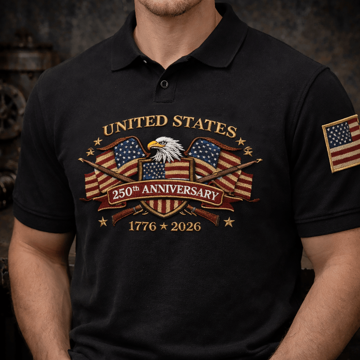 United States 250th Anniversary 1776 2026 Printed Eagle Flag Rifle Design Polo Shirt Father Day Patriotic Gift USA Flag Vintage Graphic Polo
