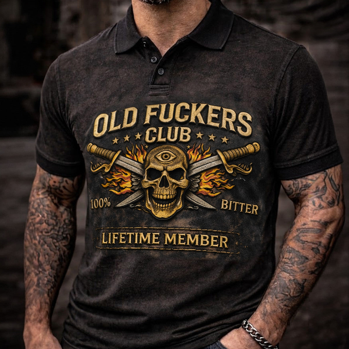 Old Fuckers Club Printed Polo Shirt Flaming Skull Crossed Swords Graphic Eye Symbol Fire Design Vintage Style Father’s Day Gift