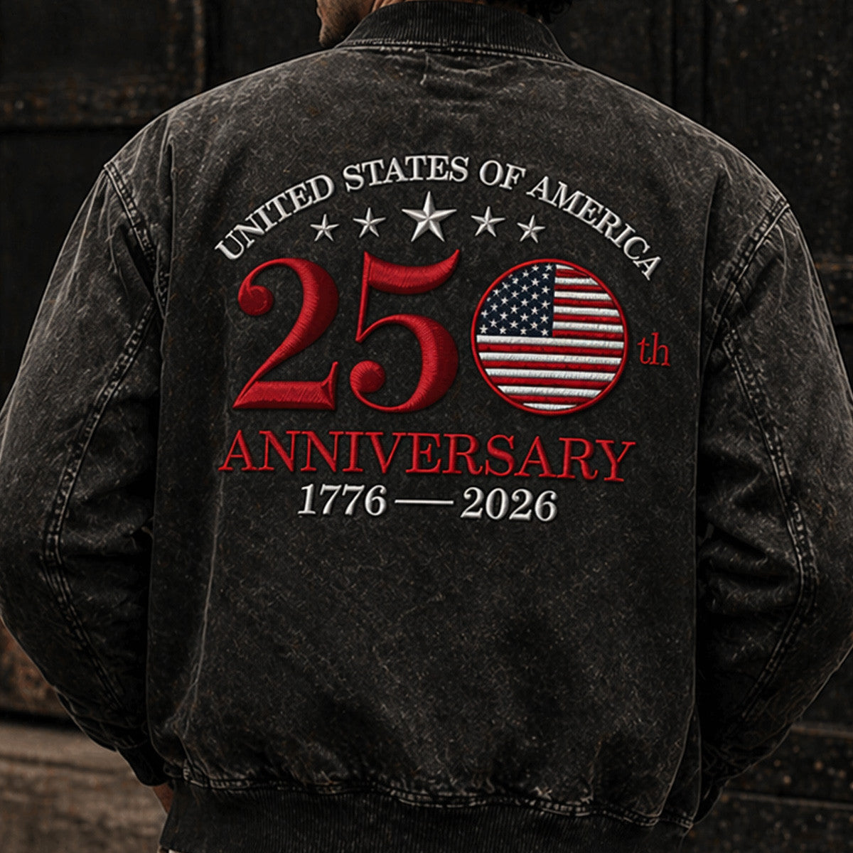 USA 250th Anniversary 1776 2026 Printed Bomber Jacket Back Graphic American Flag Patriotic Design Vintage Independence Day Gift