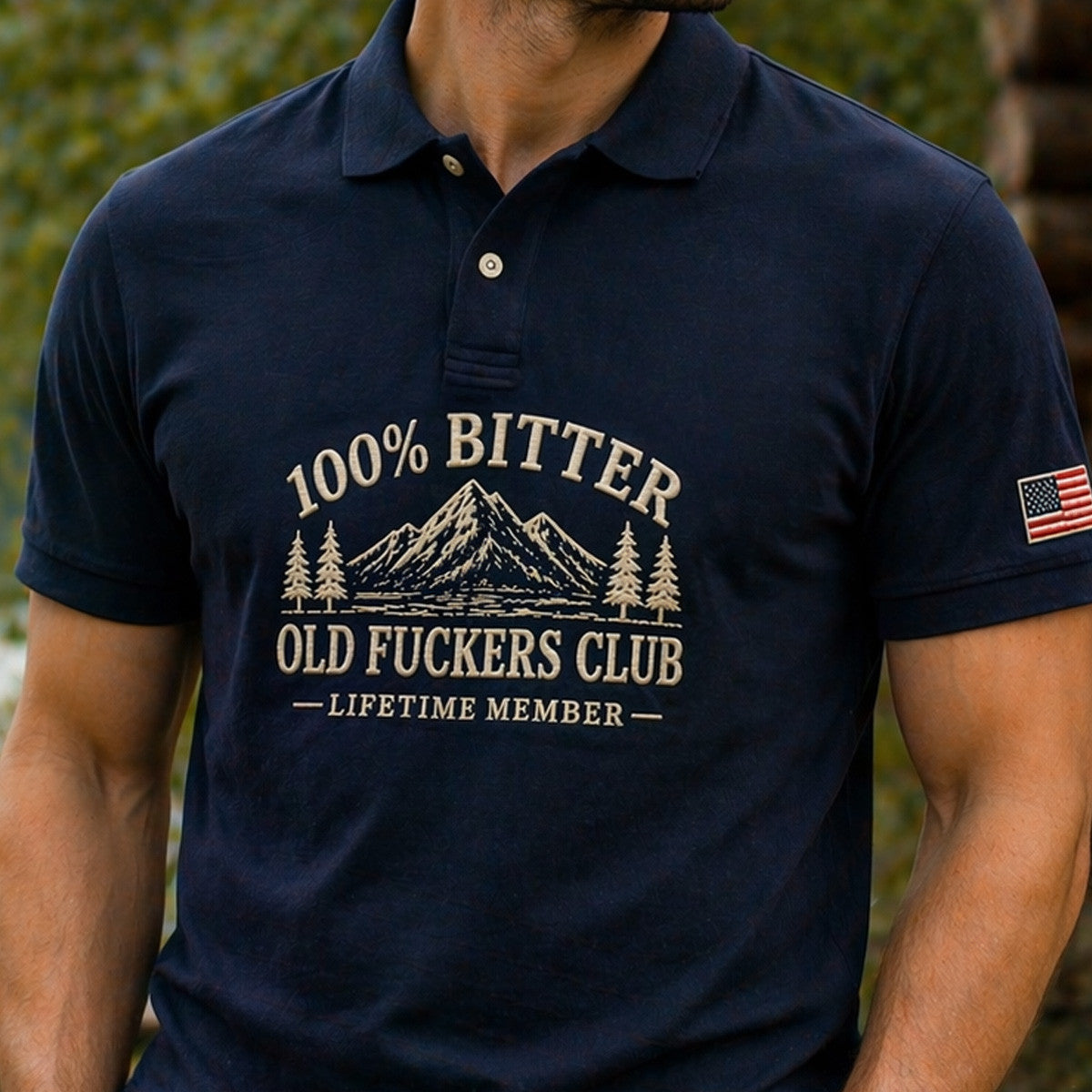 Old Fucker Bitter Printed Polo Shirt Mountain Pine Tree USA Flag Design Vintage Graphic Father’s Day Gift Idea