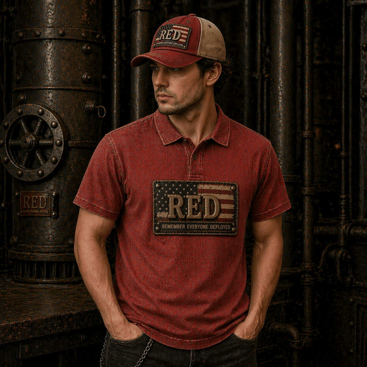 RED Remember Everyone Deployed Printed Polo Shirt USA Flag Military Veteran Tribute Patriotic Graphic Father’s Day Gift