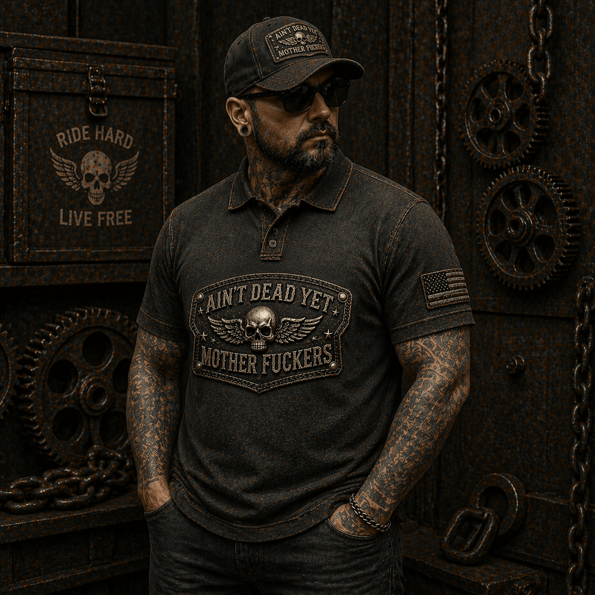 Ain’t Dead Yet Mother Fuckers Printed Polo Shirt Skull Wing USA Flag Biker Rebel Patriotic Graphic Father’s Day Gift