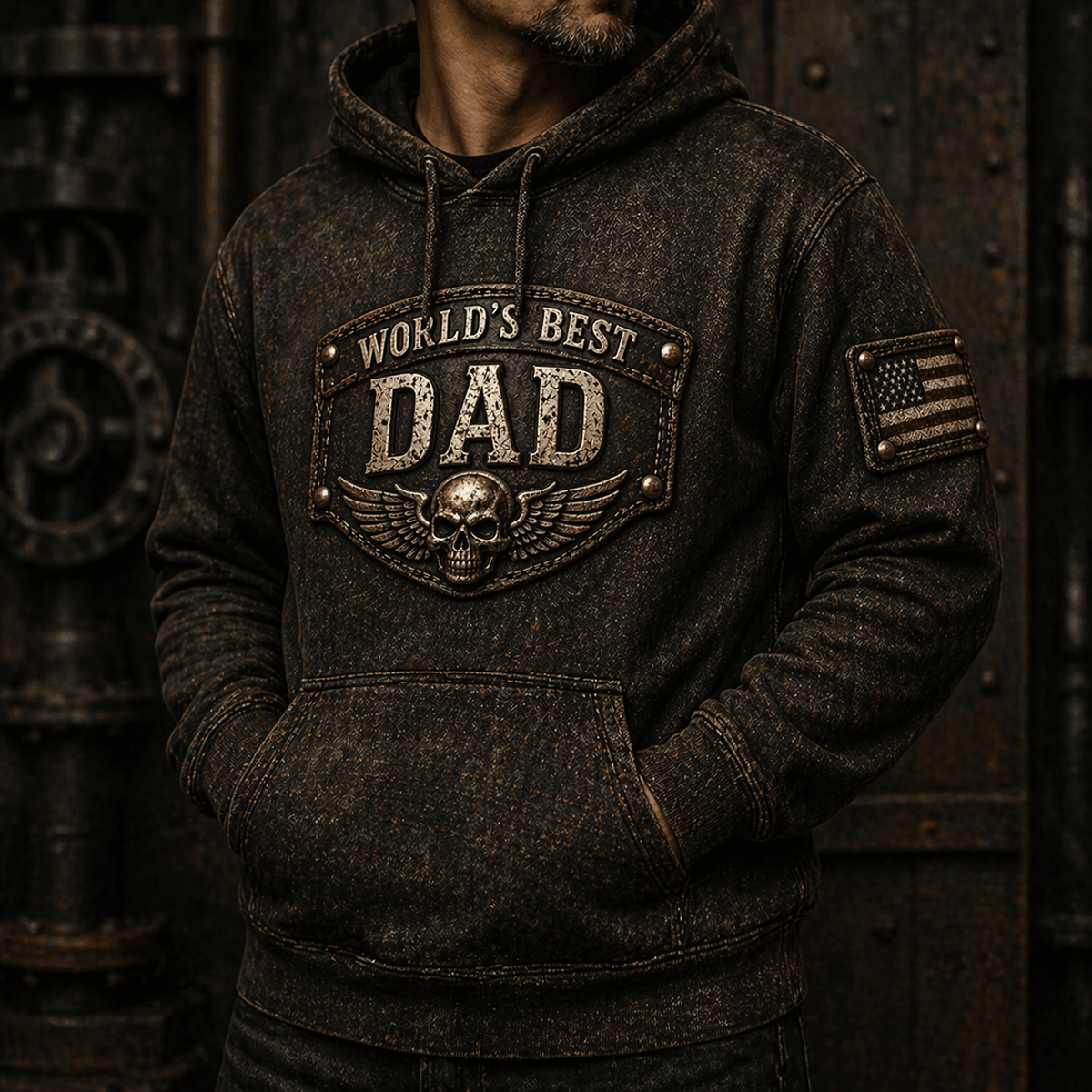 World’s Best Dad Skull Wings Printed Hoodie USA Flag Biker Style Father’s Day Gift For Dad Vintage Design