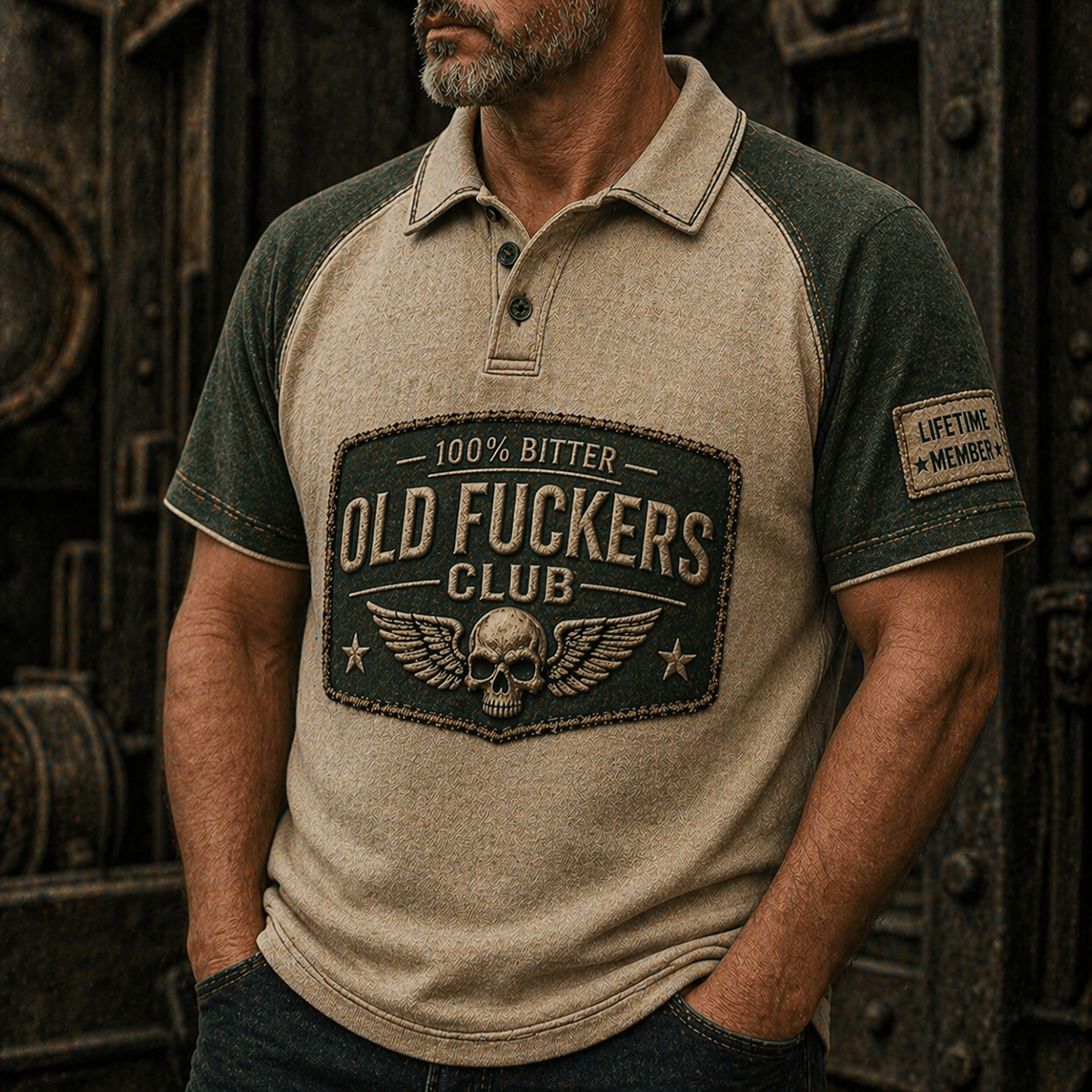 Old Fuckers Club Skull Wings Printed Polo Shirt Vintage Biker Style Funny Quote Father’s Day For Old Man Gift