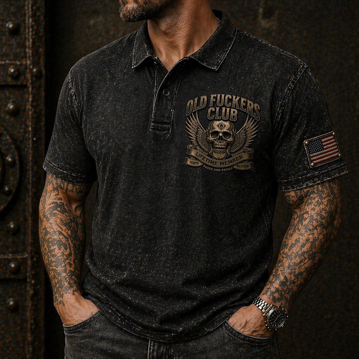 Old Fuckers Club Skull Wing Printed Polo Shirt USA Flag Design Father’s Day Gift Vintage Graphic Style