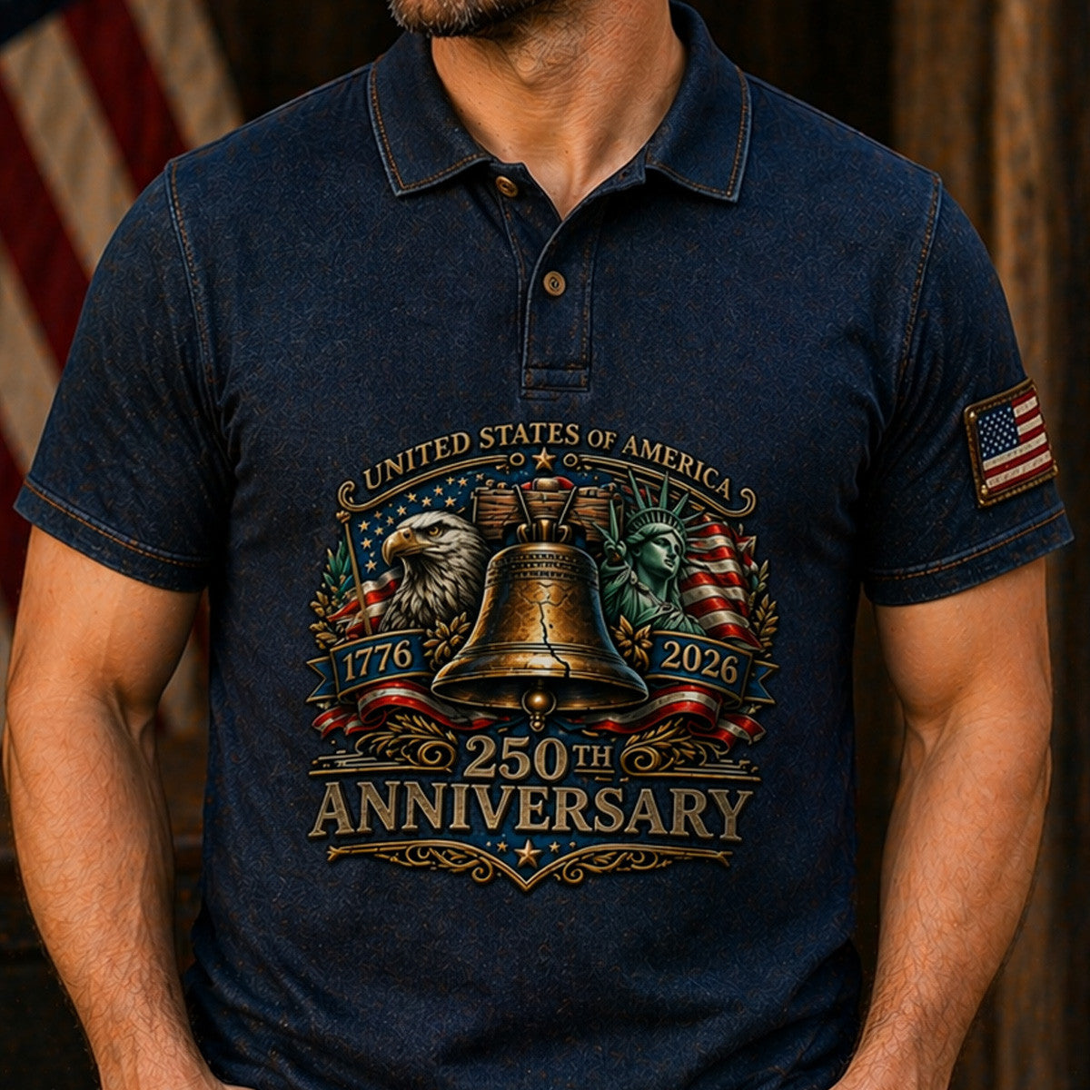 United States 250th Anniversary 1776–2026 Printed Polo Shirt Patriotic Eagle Liberty Bell USA Flag Father’s Day Gift