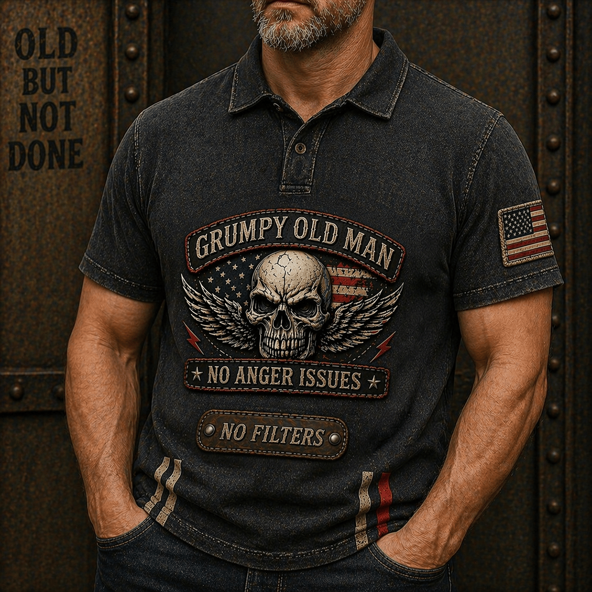 Grumpy Old Man Skull No Anger Issues No Filters USA Flag Printed Polo Shirt Vintage Style Father’s Day Gift