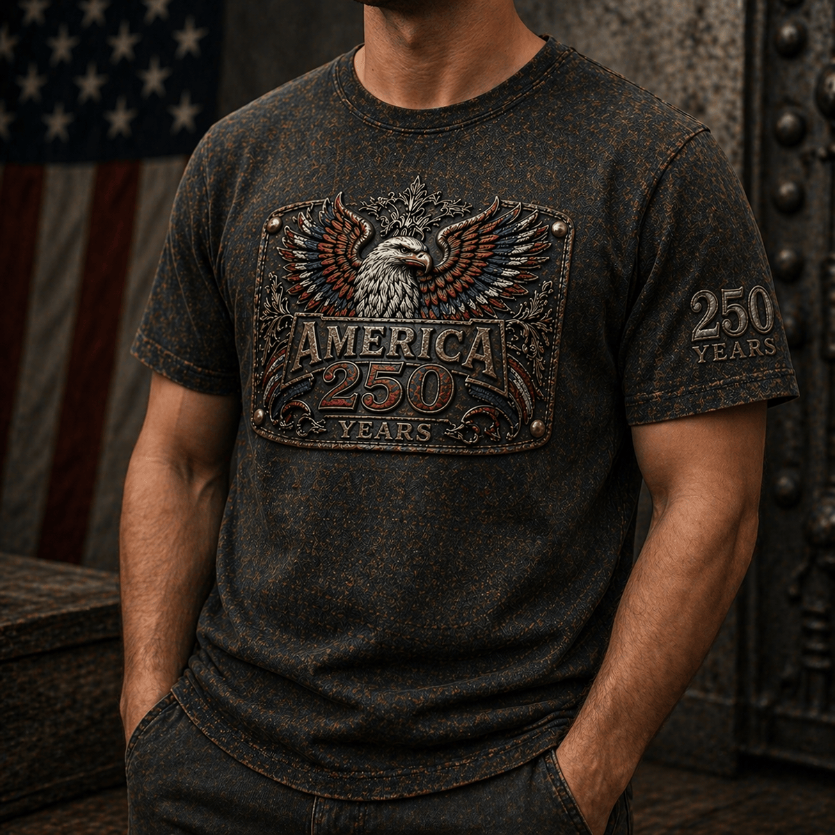 America 250 Years Eagle USA Flag Printed T Shirt Vintage Style 1776 2026 Anniversary Patriotic Gift Father’s Day